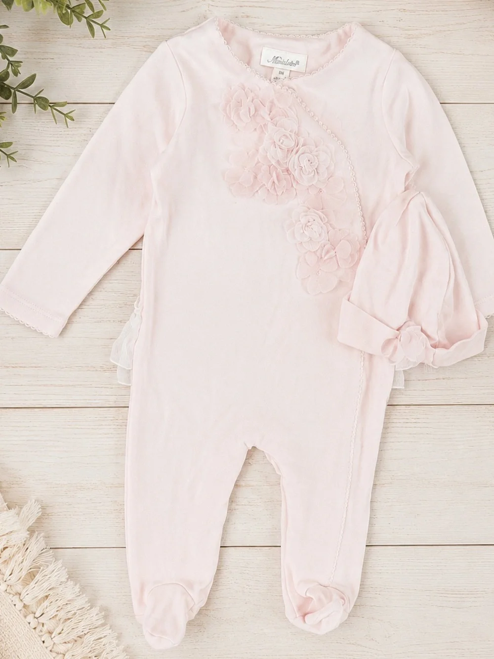 New Miniclasix Baby Girl Elegant Footed Coverall & Hat Set Tulle Floral Ruffles